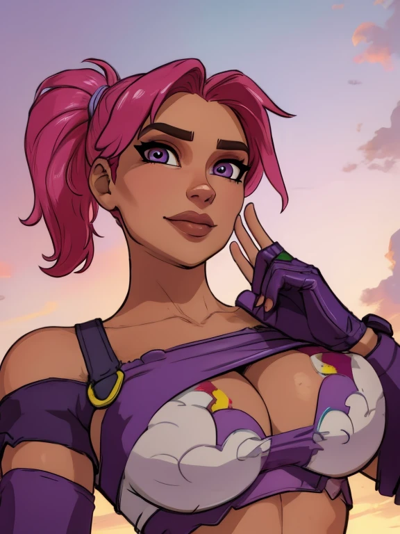 bebmber, pink hair,  ponytail,  brown eyes,  lips,  light smile,  
 crop top,  navel,  short shorts, fingerless gloves,  purple gloves,  collarbone, 
 upper body,  toned,  from below,  sitting,  cleavage, 
looking at viewer,  
beach ,  dusk, 
(insanely detailed, beautiful detailed face, beautiful detailed eyes, masterpiece, best quality), solo, detailed fingers, ((brasier))
 