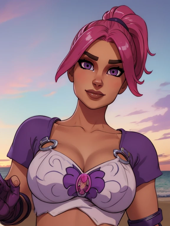 bebmber, pink hair,  ponytail,  brown eyes,  lips,  light smile,  
 crop top,  navel,  short shorts, fingerless gloves,  purple gloves,  collarbone, 
 upper body,  toned,  from below,  sitting,  cleavage, 
looking at viewer,  
beach ,  dusk, 
(insanely detailed, beautiful detailed face, beautiful detailed eyes, masterpiece, best quality), solo, detailed fingers, ((brasier))
 