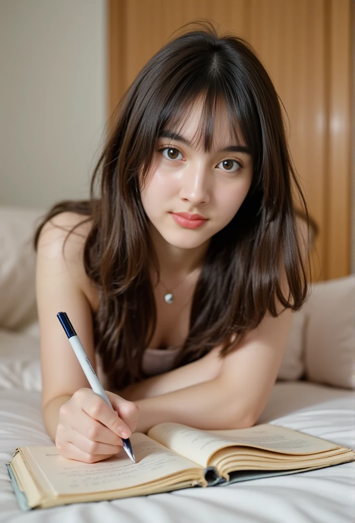 Create an image of an Asian teenage girl with a bob haircut, lying on her stomach and writing in a diary. She is wearing a loose off-shoulder shirt that falls off one shoulder, exposing her skin slightly. The setting is a cozy bedroom with soft lighting, a comfortable bed, and scattered pillows. Her expression is focused and thoughtful as she writes. Detailed face, expressive eyes, high resolution, photorealistic, natural lighting, vibrant colors, cozy bedroom backdrop, focused and thoughtful pose.