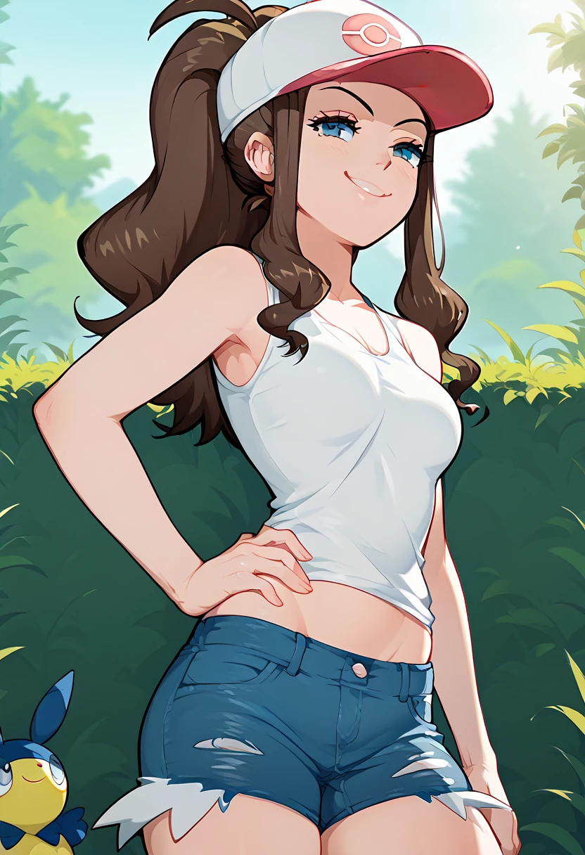 hilda( Pokémon)、  ponytail , hat、 tank top、 denim shorts 、 standing、
 best quality,  high definition , 1 girl, hand on hip,
 smiling, Outdoor, morning, noon, afrobull,smug,