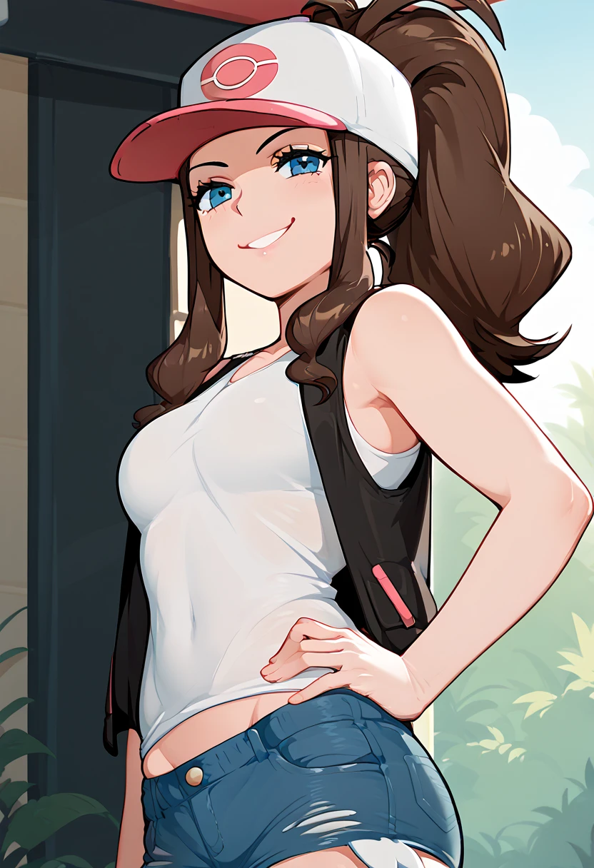 hilda( Pokémon)、  ponytail , hat、 tank top、 denim shorts 、 standing、
 best quality,  high definition , 1 girl, hand on hip,
 smiling, Outdoor, morning, noon, afrobull,smug,