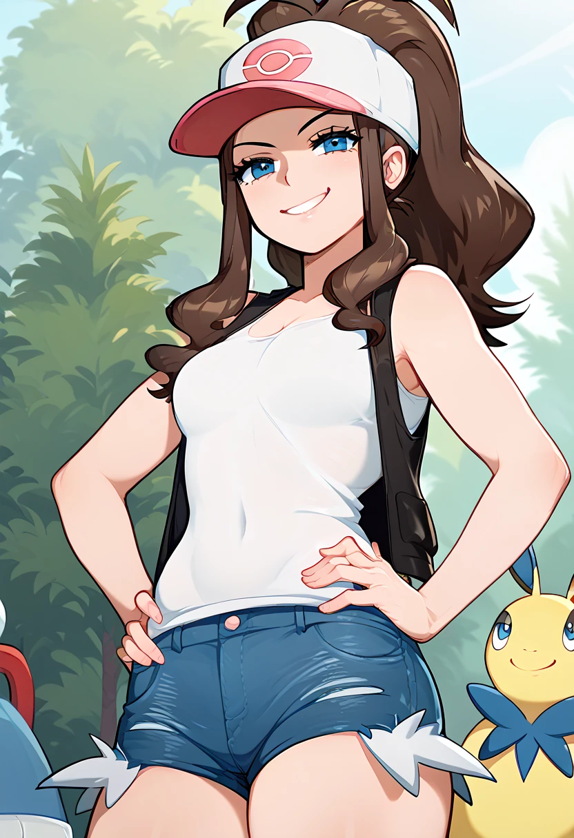 hilda( Pokémon)、  ponytail , hat、 tank top、 denim shorts 、 standing、
 best quality,  high definition , 1 girl, hand on hip,
 smiling, Outdoor, morning, noon, afrobull,smug,