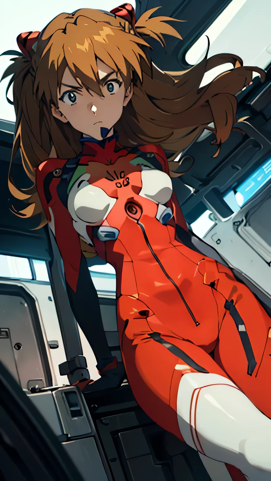 Asuka　Langley,  bodysuit with mouth,  headgear ,  PLUG SUIT, red  bodysuit with mouth, small breasts, natural light, masterpiece,  Very detailedな, absurd, best quality, Very detailed, detailed face ,Particles of light, illumination, ( Very detailed:1.2),( detailed face :1.2), ( gradient ),  Software ,  colorful ,(Big Eyes:1.2),Inside the cockpit,((( slim,  Thin Waist,  Thin Thighs , Thin arms))),(( with legs open))
