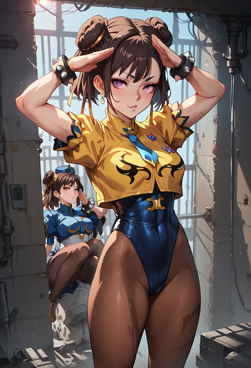 Chun-Li. Female. 1 person. Gross. Vega Guard. Black leotard. Thick legs. Short hair. Brown tights. Glowing pink eyes. Blue tie. Salute pose. Heart tattoo. Brainwashed. Jail. Concrete walls.