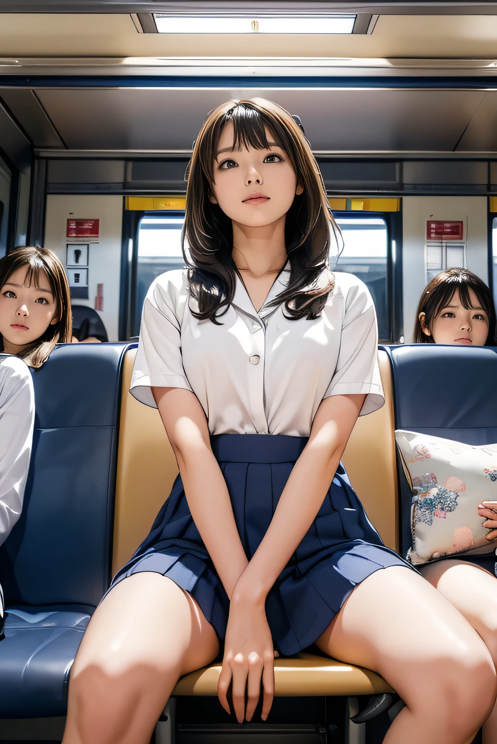 {{{low angle shot:1.9}}},{From below},Japan woman sleeping sitting on train seat,2girls,18year old,Open your thighs from side to side,Open legs from side to side,Panties visible from between the thighs,arms in arms,Skirt,pencil skirts,Open your mouth slightly,