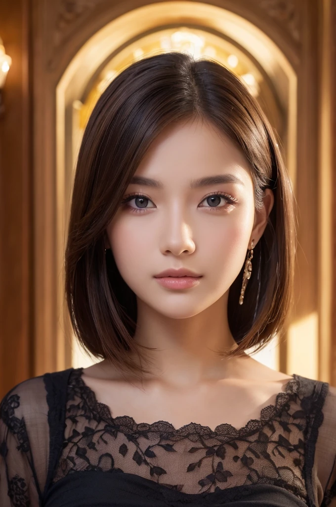 ((highest quality, 8K, masterpiece :1.3)), 1 girl, pretty woman with thin abs :1.3, (medium short hair, huge breasts :1.2), dress :1.1, super detailed face, fine eyes, double eyelid
