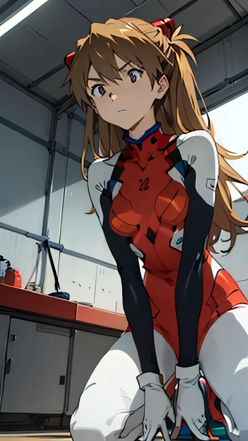 Asuka　Langley,  bodysuit with mouth,  headgear ,  PLUG SUIT, red  bodysuit with mouth, small breasts, natural light, masterpiece,  Very detailedな, absurd, best quality, Very detailed, detailed face ,Particles of light, illumination, ( Very detailed:1.2),( detailed face :1.2), ( gradient ),  Software ,  colorful ,(Big Eyes:1.2),Inside the cockpit,((( slim,  Thin Waist,  Thin Thighs , Thin arms))),((Kneeling pose with legs open))
