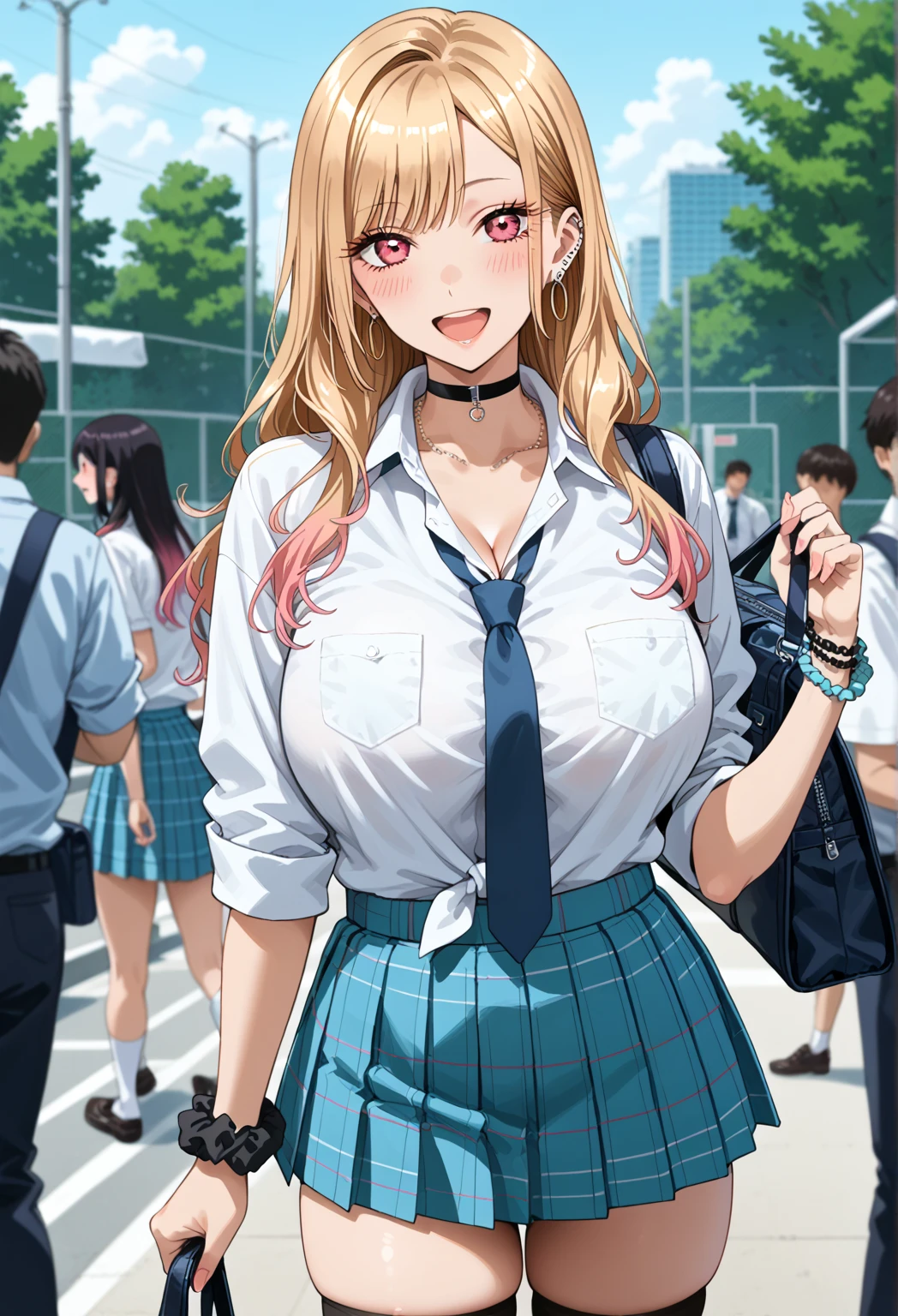 Tall girl, fit girl, KJOmarin, blonde hair, long hair, pink eyes, earrings, ear piercing, multicolored hair, score_9, score_8_up, score_7_up, source_anime, masterpiece,best quality, huge breasts, flashy gyaru,1girl, jewelry, necktie, earrings, skirt, breasts, shirt, long_hair, thighhighs, wrist_scrunchie, large_breasts, choker, white_shirt, open_mouth, looking_at_viewer, plaid, smile, blush, collared_shirt, tied_shirt, plaid_skirt, blue_skirt, bangs, solo_focus, school_uniform, red_necktie, outdoors, shirt_tucked_in, black_choker, scrunchie, sleeves_rolled_up, pleated_skirt, thighs, blurry_background, collarbone, white_thighhighs, parted_bangs, skindentation, :d