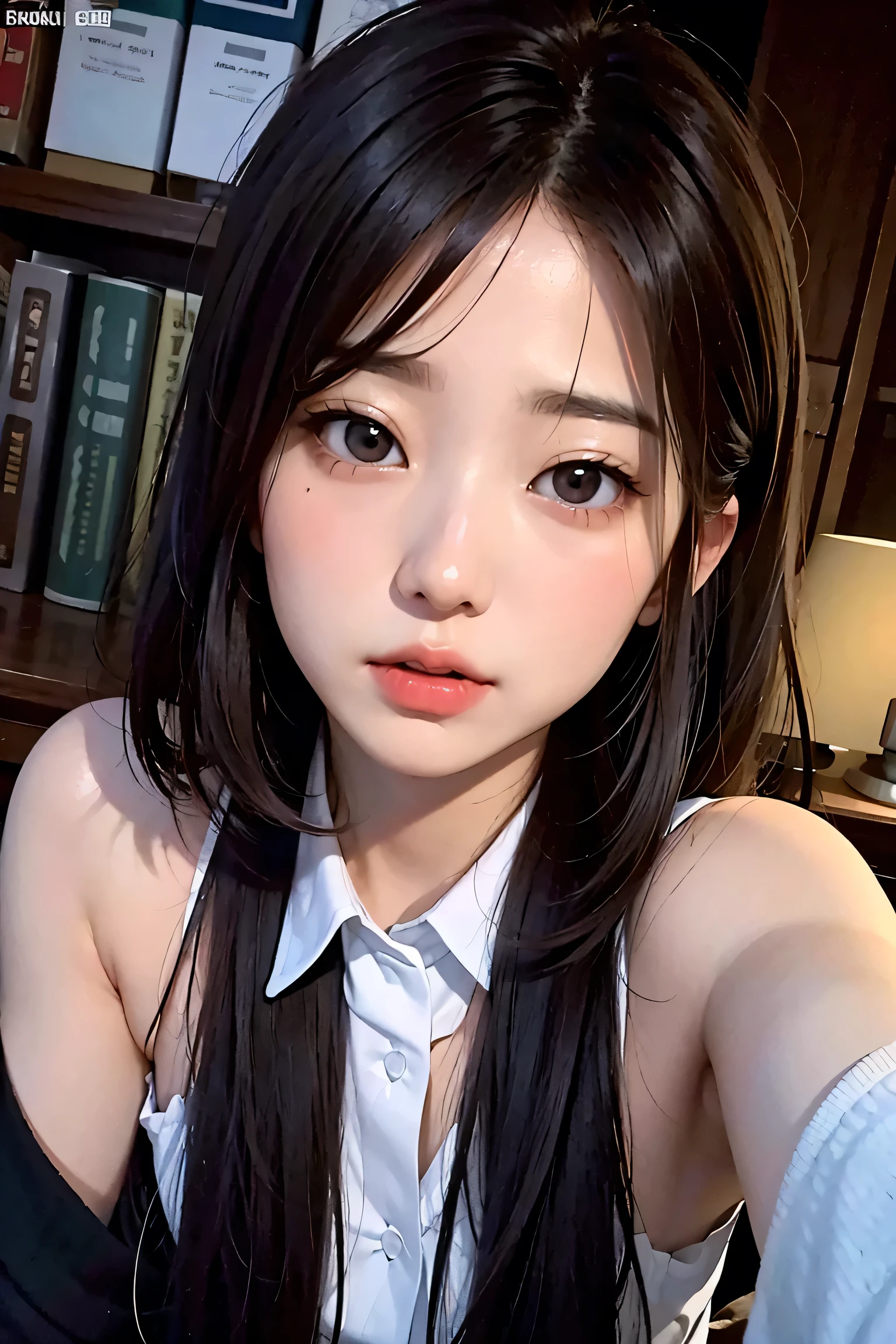 ,Short sleeved white shirt,Grey checked tie,Grey checked mini skirt,open mouth,(tongue out:2),lying,Selfie,looking ahead,from above,front view,cowboy shot,(1girl,Beautiful 14 year old girl),((Slender,Small breasts,Small face,)),looking at viewer,Black Hair,bangs,one side up,Beautiful and detailed,Mischievous smile,Dimly lit room,Simple Background,bed,pillow,best quality