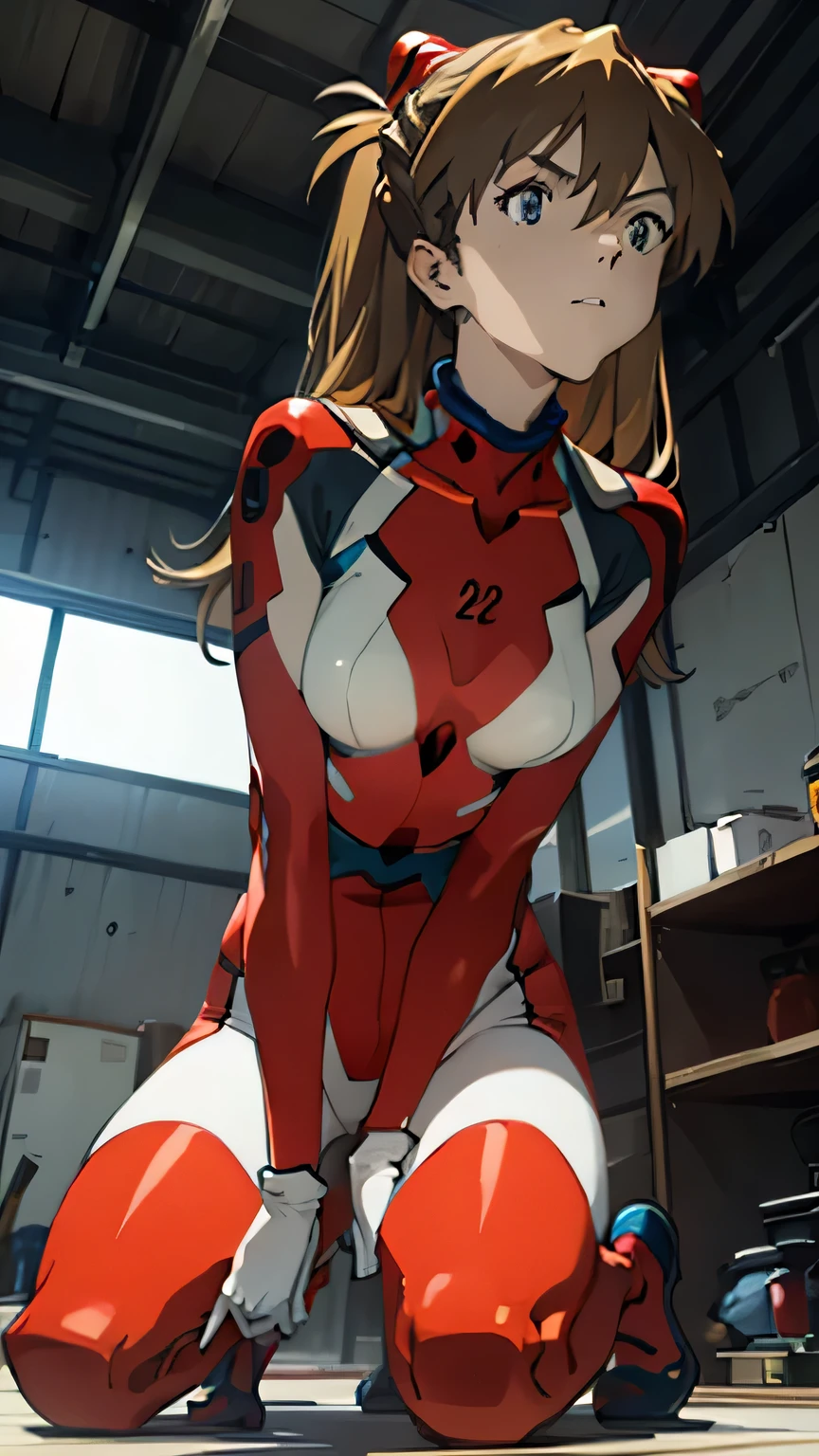 Asuka　Langley,  bodysuit with mouth,  headgear ,  PLUG SUIT, red  bodysuit with mouth, small breasts, natural light, masterpiece,  Very detailedな, absurd, best quality, Very detailed, detailed face ,Particles of light, illumination, ( Very detailed:1.2),( detailed face :1.2), ( gradient ),  Software ,  colorful ,(Big Eyes:1.2),Inside the cockpit,((( slim,  Thin Waist,  Thin Thighs , Thin arms))),((Kneeling pose with legs open))
