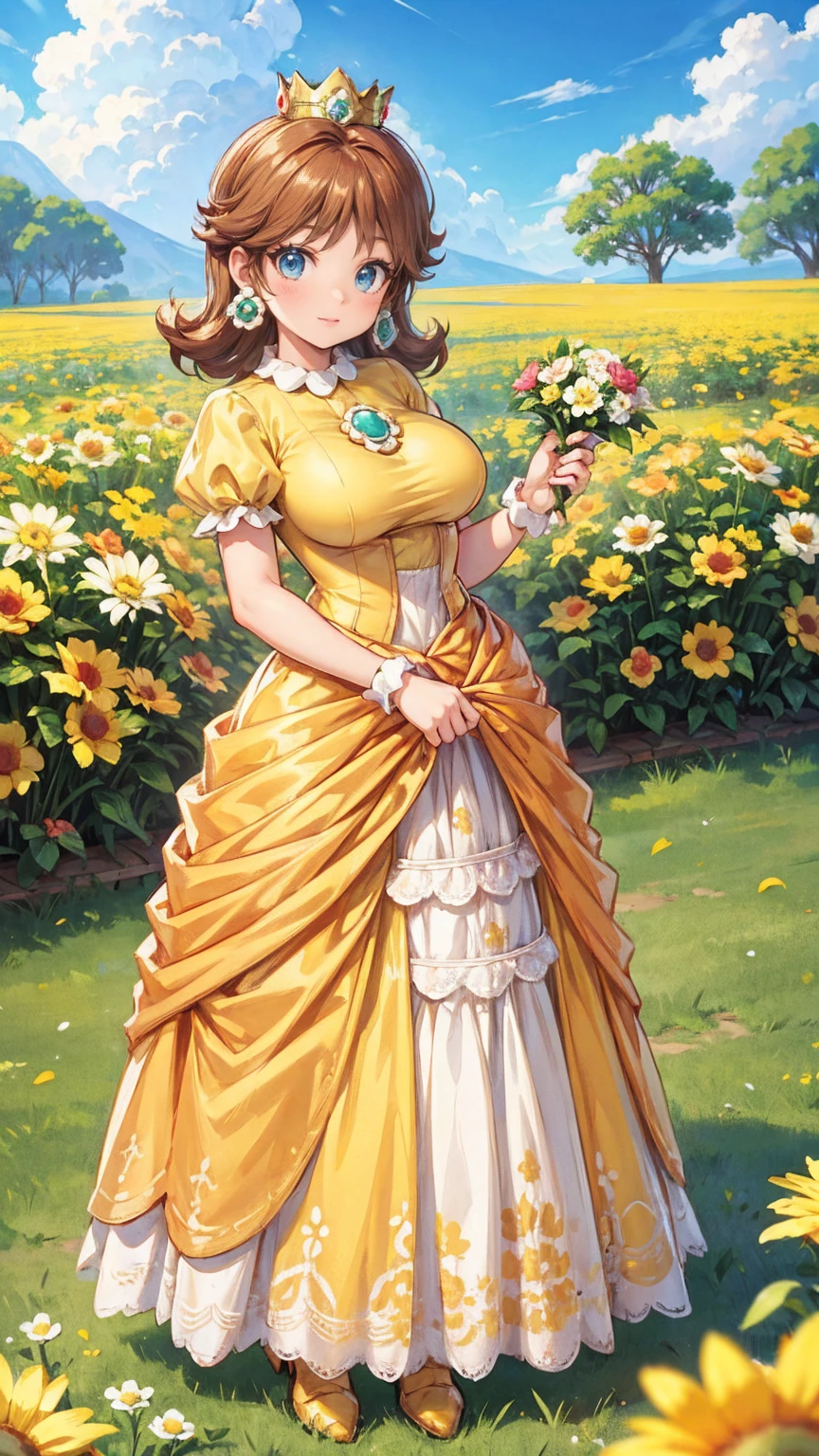 Princess daisy super mario, brown hair, blue eyes, short products hair, gold princess crown, flower earrings, yellow long dress, puffy short sleeves, flower brooch, smile, flowers, outdoors, sky, cloudy sky, anime waifu style,full body shot,large breasts