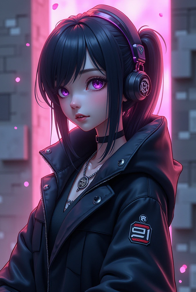 1 girl, solo, long_hair, bangs_between_the_eyes black_hair_with_strands_pink, bi_color_ pink_neon eyes, sexy_face, HOLDING IN HIS HANDS A SWORD STICKED INTO THE GROUND, cyberpunk_clothes, short_jacket, navel appears, short_skirt, scarred_legs, left_arm_band, tattoo_above_navel_background_of_abstract colorful popcyberpunk art, manga_style_image, big breast, face close up