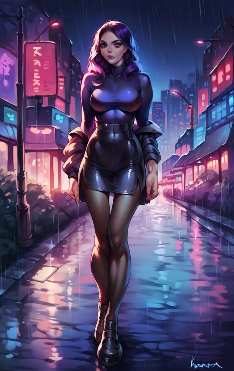 (1girl), masterpiece, photorealistic, 8k, (realistic: 1.2), full body, looking at viewer, pantyhose, purple hair, (kafka: 1.2), walking, beauty, (medium breasts: 1.2) night, night sky, city, cityscape, rain, (dramatic: 1.2)