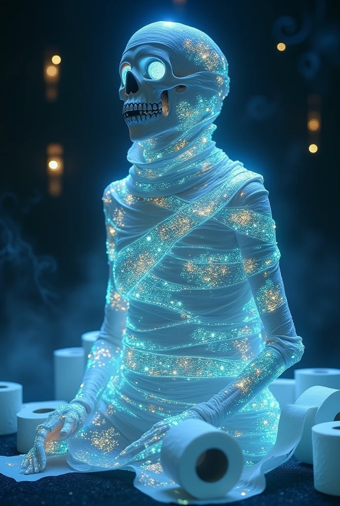 ((masterpiece)) ((photography)) ((Highest quality))  A detailed and artistic illustration of a skeleton wrapped in layers of glowing patterned toilet paper, styled like a mummy. The toilet paper features intricate luminous designs in soft blue, white, and gold, adding a surreal and whimsical touch. Several rolls of toilet paper are scattered on the ground around the skeleton, enhancing the playful yet eerie atmosphere. The skeleton's form is partially visible through the gaps in the paper, creating a striking contrast between the fragile wrapping and the bony structure beneath. The background is dark and atmospheric, with subtle glowing symbols and swirling mist adding a mysterious and magical ambiance. The overall style is elegant yet humorous, blending realism and fantasy.