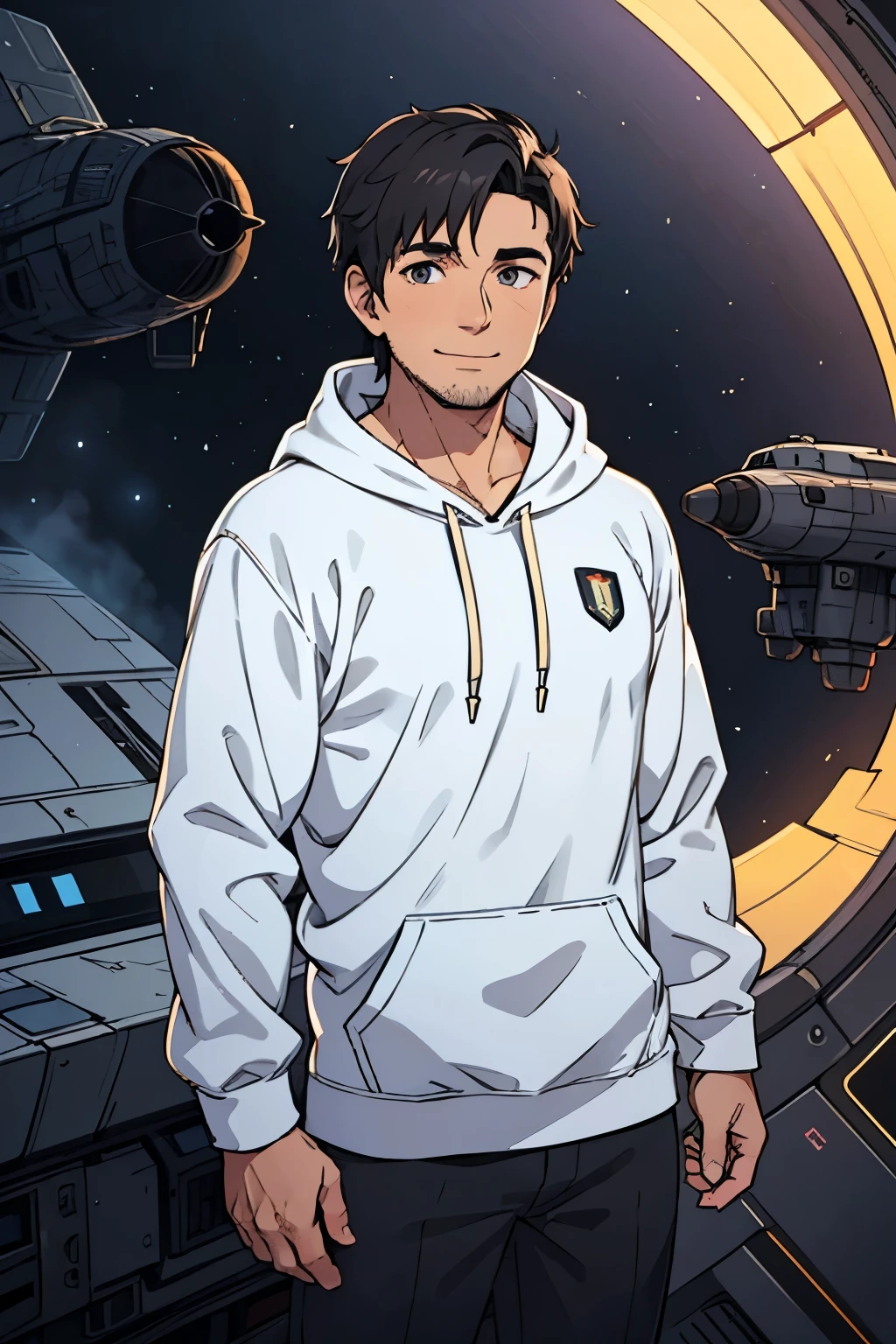Masterpiece, Best Quality, Ultra-Detailed, 1man, mature male, adult man, short hair, black hair, military cut hait, purple hoodie, sci-fi details on hoodie, black pants, looking at viewer, happy expression, spaceship background