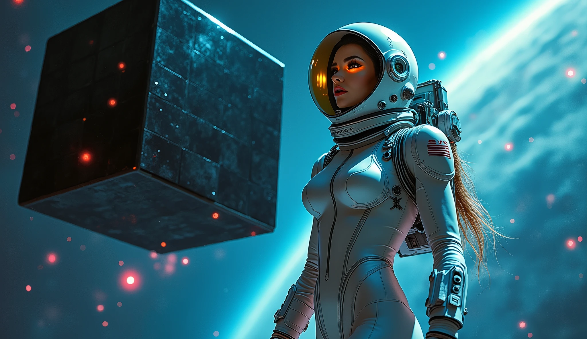 A full-body girl with black skin and curly hair floats inside a large gravitational capsule, (perfect smile: 1.8), golden ratio, anime portrait Space Cadet Girl, of a 2 0 1 9 Sci Fi 8 K movie, Zoe Kravitz futuristic astronaut, 8 K movie still, still 8 K movie, Zoe Kravitz as an astronaut,  in space suit, girl in space, panoramic view, portrait 8k render, beautiful woman in spacesuit, amplitude, open plan, cinematic, photorealism, Photographed on a Canon EOS-1D X Mark III, 150mm lens, F/0.8, sharp focus, volumetric fog, dramatic light, volumetric light, neon, 8k uhd, dslr camera, maximum quality, film grain, anamorphic, amplitude