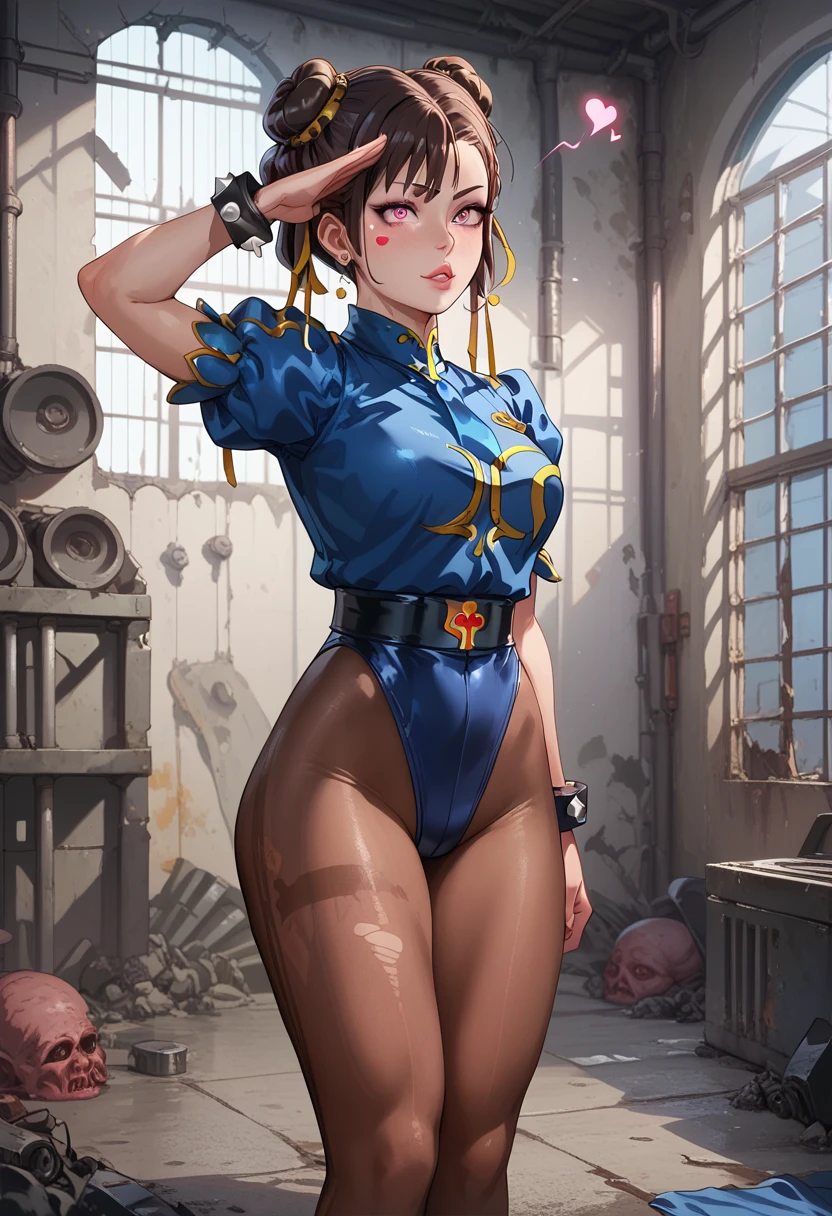 Chun-Li. Female. 1 person. Gross. Vega Guard. Black leotard. Thick legs. Short hair. Brown tights. Glowing pink eyes. Blue tie. Salute pose. Heart tattoo. Brainwashed. Jail. Concrete walls.