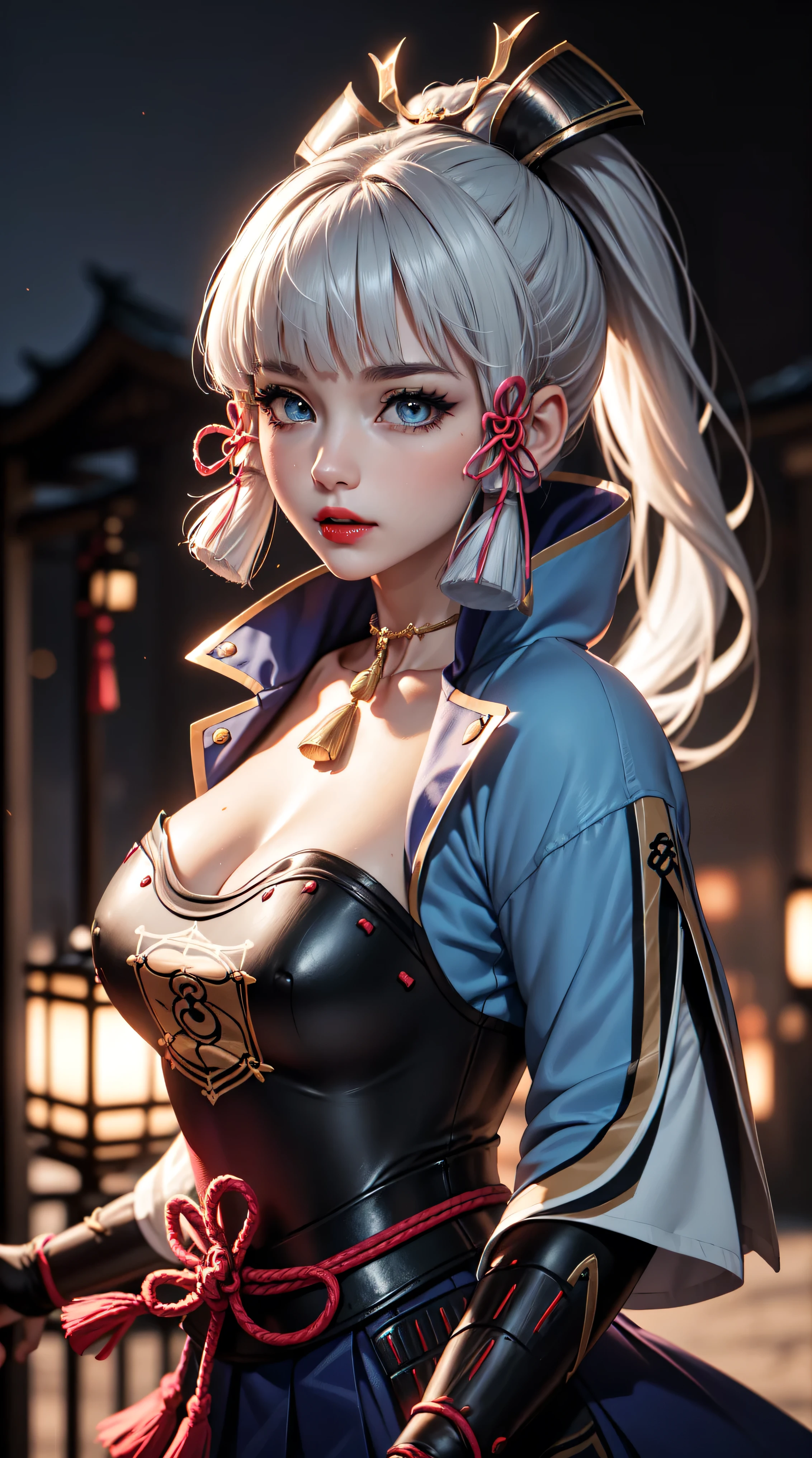 ((masterpiece)),(bestquality),((ultra-detailed)), ((beautiful detailed sky)), ((cinematic lighting)), depth of field, (dynamic angle),detailed lighting,((beautiful detailed eyes)), (night sky view), red lip, smile,eyeshadow,large breast, cleavage, ((bare arm, short skirt , off shoulders, sexy)), ((kamisatoayakadef))
