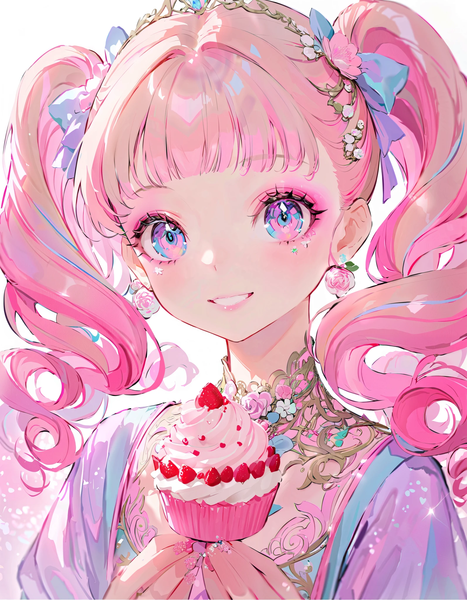 (princess:1.5),(best quality,ultra-detailed,highres:1.2),beautiful girl with exquisite makeup and flawless face, long eyelashes, detailed eyes and lips, radiant smile, soft skin, glossy hair,vibrant background, natural lighting,(The cutest girl in the world:1.5),Exquisite makeup.White Girl with curly pink hair wearing a pink, white and yellow dress giving away cupcakes with pink cream and pink fetters