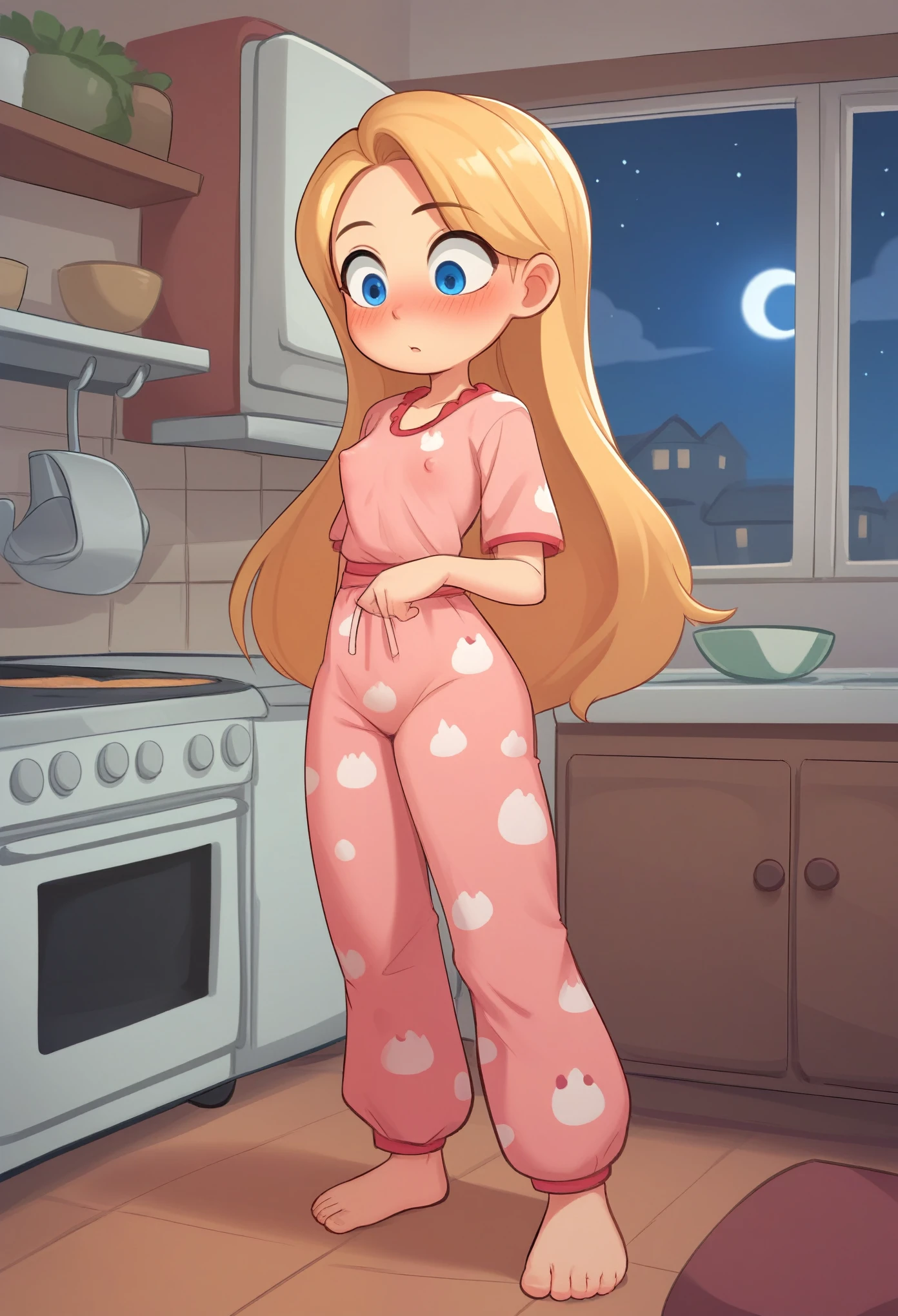 Small girl, young, full body, (solo 0.6), straight blonde hair, very long hair, blue eyes, hard erect nipples, indoors, night, pink silk pajamas, wide eyed, surprised, red faced, intense blushing, open refrigerator, standing, kitchen, looking down, tiny breasts, slender body, thin waist, cute, ( pixar style 0.5)