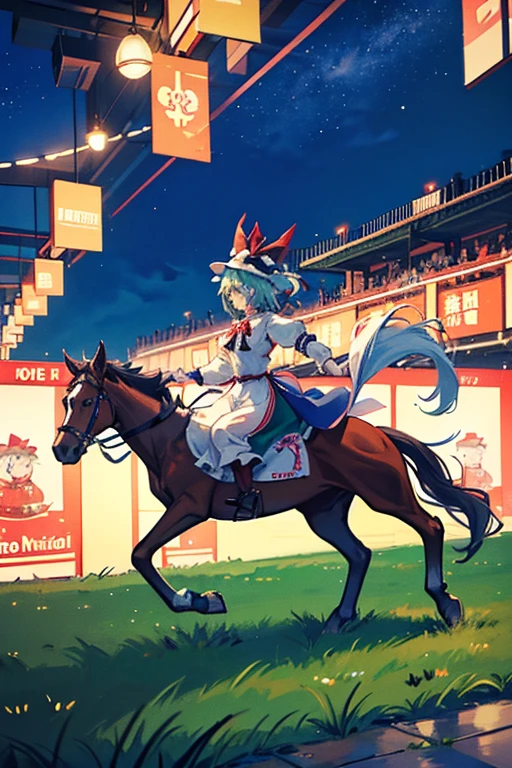 A humanoid male horse and a humanoid male horse have a party on Christmascirno(touhou) A herd of Cirnos are playing with thoroughbreds at the racetrack at night.