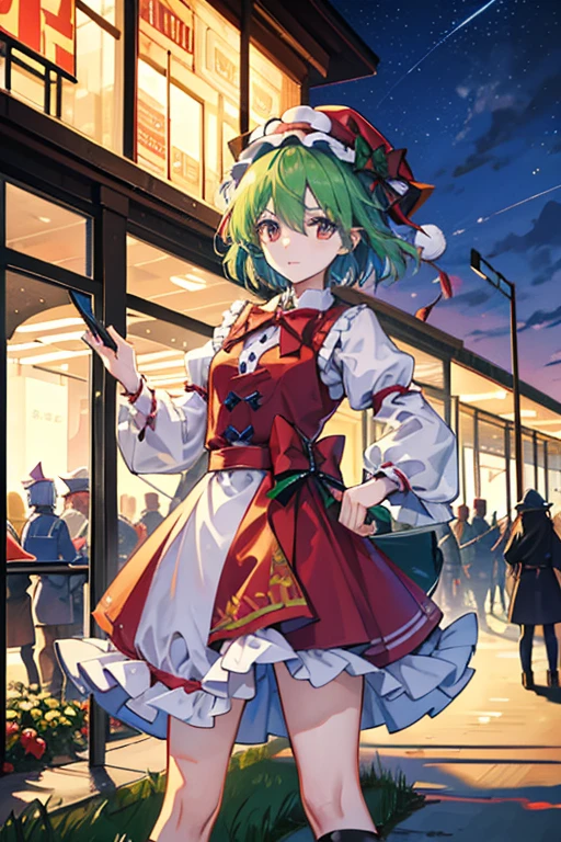 A humanoid male horse and a humanoid male horse have a party on Christmascirno(touhou) A herd of Cirnos are playing with thoroughbreds at the racetrack at night.