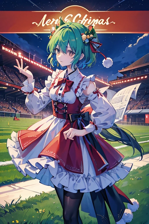 A humanoid male horse and a humanoid male horse have a party on Christmascirno(touhou) A herd of Cirnos are playing with thoroughbreds at the racetrack at night.