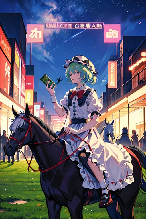 A humanoid male horse and a humanoid male horse have a party on Christmascirno(touhou) A herd of Cirnos are playing with thoroughbreds at the racetrack at night.