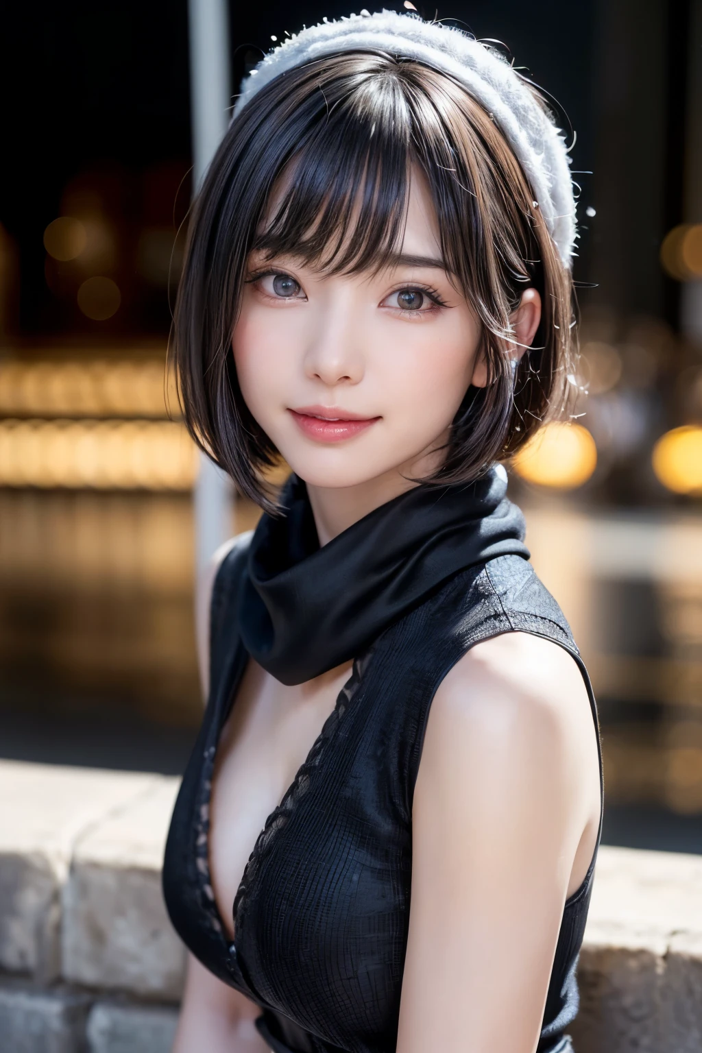 (table top, highest quality、High resolution:1.4、very attractive beauty、Adds intense highlights to the eyes、look closely at the camera:1.4、Beautiful woman full of charm、ideal body proportions、perfect ???????、brunette short bob hair、shiny hair、bangs:2、光沢のあるbangs:2、lip gloss),1 girl, Report, light brown shiny hair, scarf,realistic, looking at the viewer、Please tilt your head slightly, bright colored crystal light blue eyes, short and shiny hair、 chest中央に穴の開いた白いタートルネックの衣装,chestの真ん中に丸い穴のあるセクシーな白いタートルネック ニット セーター、 lips, lip gloss, Upper body、Big eyes、eyelash、face is a little red、embarrassing)、((italian road in winter))、((short hair with Big eyess、Give your students very powerful highlights、{Huge|big|Hugeな|mega} chest:1.6、very bigger chest、look at the audience、very beautiful beauty、show me your ears、long neck、smile、smile、Happy、beautiful teeth、口を開いてsmile、heart shaped eyes))、28 years old、very cute super model、bangs:1.8
