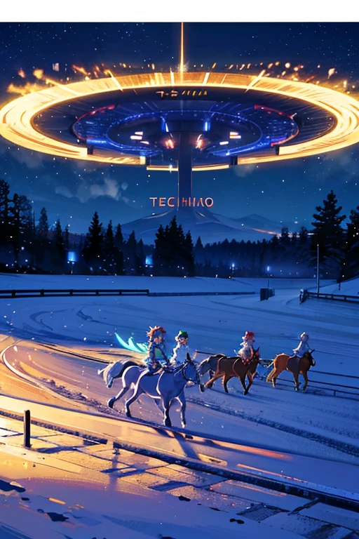 cirno(touhou) A herd of Cirnos are playing with thoroughbreds at the racetrack at night.anthro male horses having a meal, stilageA humanoid male horse and a humanoid male horse have a party on Christmas