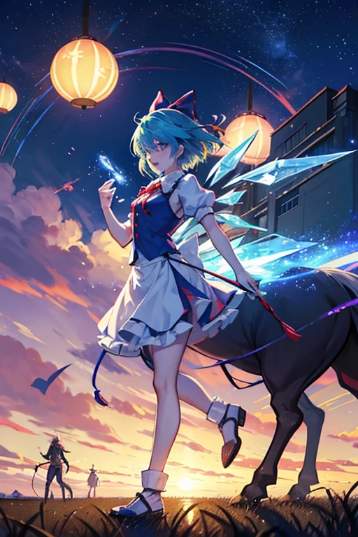 cirno(touhou) A herd of Cirnos are playing with thoroughbreds at the racetrack at night.anthro male horses having a meal, stilageA humanoid male horse and a humanoid male horse have a party on Christmas