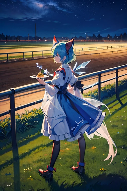 cirno(touhou) A herd of Cirnos are playing with thoroughbreds at the racetrack at night.anthro male horses having a meal, stilageA humanoid male horse and a humanoid male horse have a party on Christmas