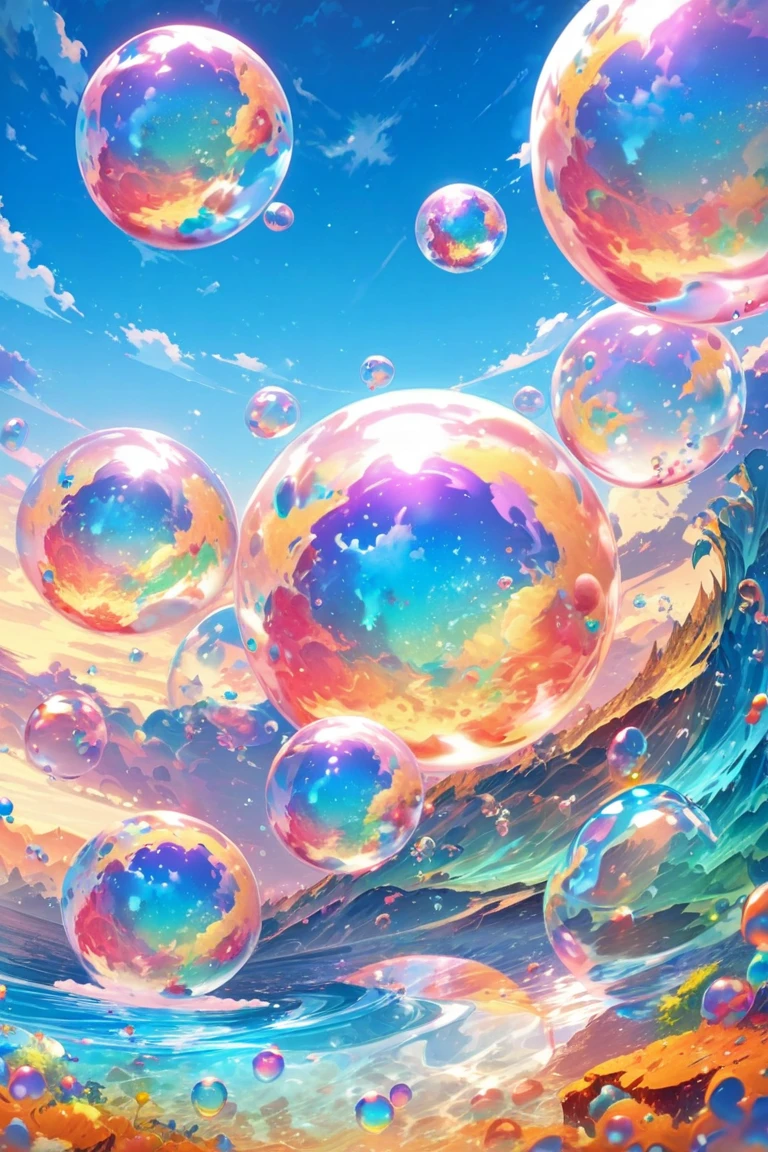 fantasy,pop art,heavy brushstrokes,sky,cartoon bubbles,translucent,semi transparent material, eyes , mouth,glossy,reflections,bubble focus,no human,bubble, foam,magical scene,bubble with eyes,colorful, abstract scenes, 8K, highres, masterpiece, best quality, amazing quality, very aesthetic, absurdres,