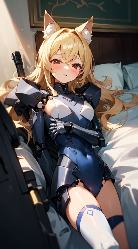 an extremely delicate,
beautiful robot girl,
robot girl lying back down on a bed in a hotel bedroom,
break,
8K,
best quality,
masterpiece,
ultra hires,
ultra detailed girl,
break,
(looking at viewer),
break,
bloom,
Rim Lights,
glowing,
Moody lighting,
break,
1girl,
solo,
(robot girl:1.4),
college age,
Perfect female body,
(lie on one's back:1.2),
(embarrassed, hapiness, blush:1.3),
(steam:0.8),
(wet:0.8),
(trembling:0.8),
(sweat:0.8),
(parted lips:1.3),
(half open eyes),
(feeling weak:1.5),
Arching the body backward,
Fluttering long hair,
big hair,
Air bangs,
long bangs between eyes,
(shiny blonde hair),
(Red Eyes),
(glowing cyborg eyes:1.2),
boyish face,
metallic skin,
highly detailed skin,
small breasts,
Narrow waist,
break,
(black and white two-tone body:1.4),
(Mechanical joints:1.4),
pale pink energy tank,
white side skirt armor,
chest armor,
Mechanical cat ear,
(Bare thighs:1.2),
(Bare shoulders:1.2),