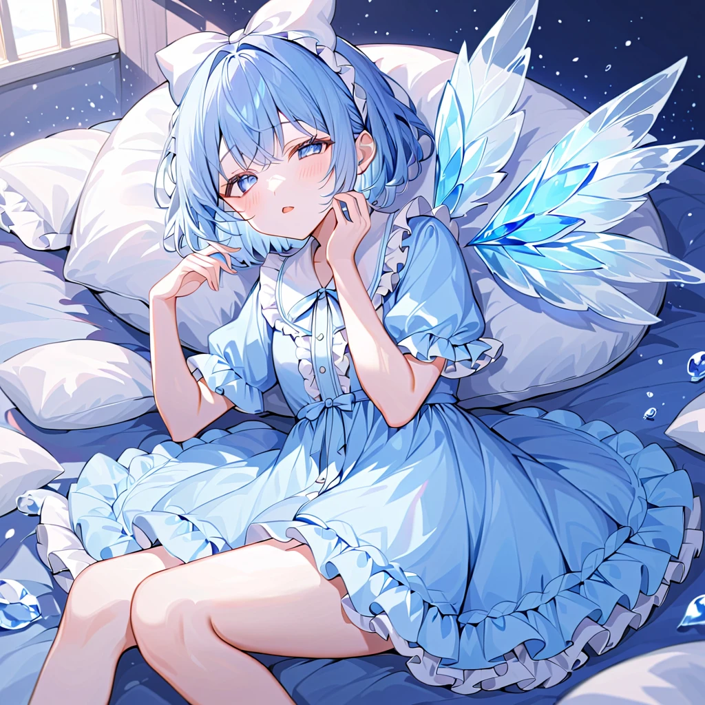 1 girl, Unexpected beauty, memorable masterpieces, cirno, light blue hair, short hair, blue eyes, blue hair bow, bow frill, ice wings, light blue boa pajamas, hem frill, barefoot, sleeping, lying, closed eyes, open mouth, bed, pillow, futon, night, masterpiece, best quality, detailed, highly detailed, ultra detailed, high resolution, 8K, super detailed skin, (detailed beautiful eyes, detailed beautiful face, detailed beautiful face and eyes), very detailed background, highly detailed background, (elaborately designed clothes), 