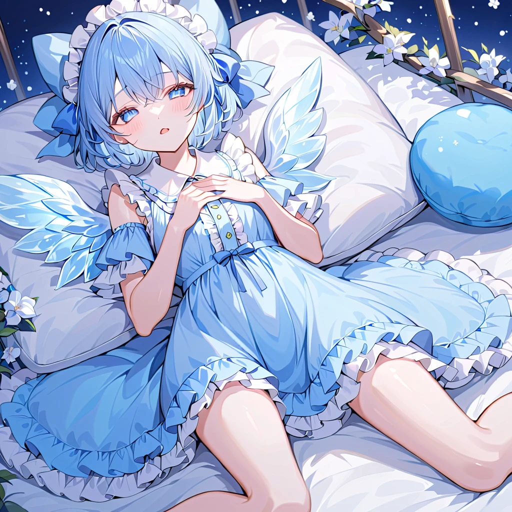 1 girl, Unexpected beauty, memorable masterpieces, cirno, light blue hair, short hair, blue eyes, blue hair bow, bow frill, ice wings, light blue boa pajamas, hem frill, barefoot, sleeping, lying, closed eyes, open mouth, bed, pillow, futon, night, masterpiece, best quality, detailed, highly detailed, ultra detailed, high resolution, 8K, super detailed skin, (detailed beautiful eyes, detailed beautiful face, detailed beautiful face and eyes), very detailed background, highly detailed background, (elaborately designed clothes), 