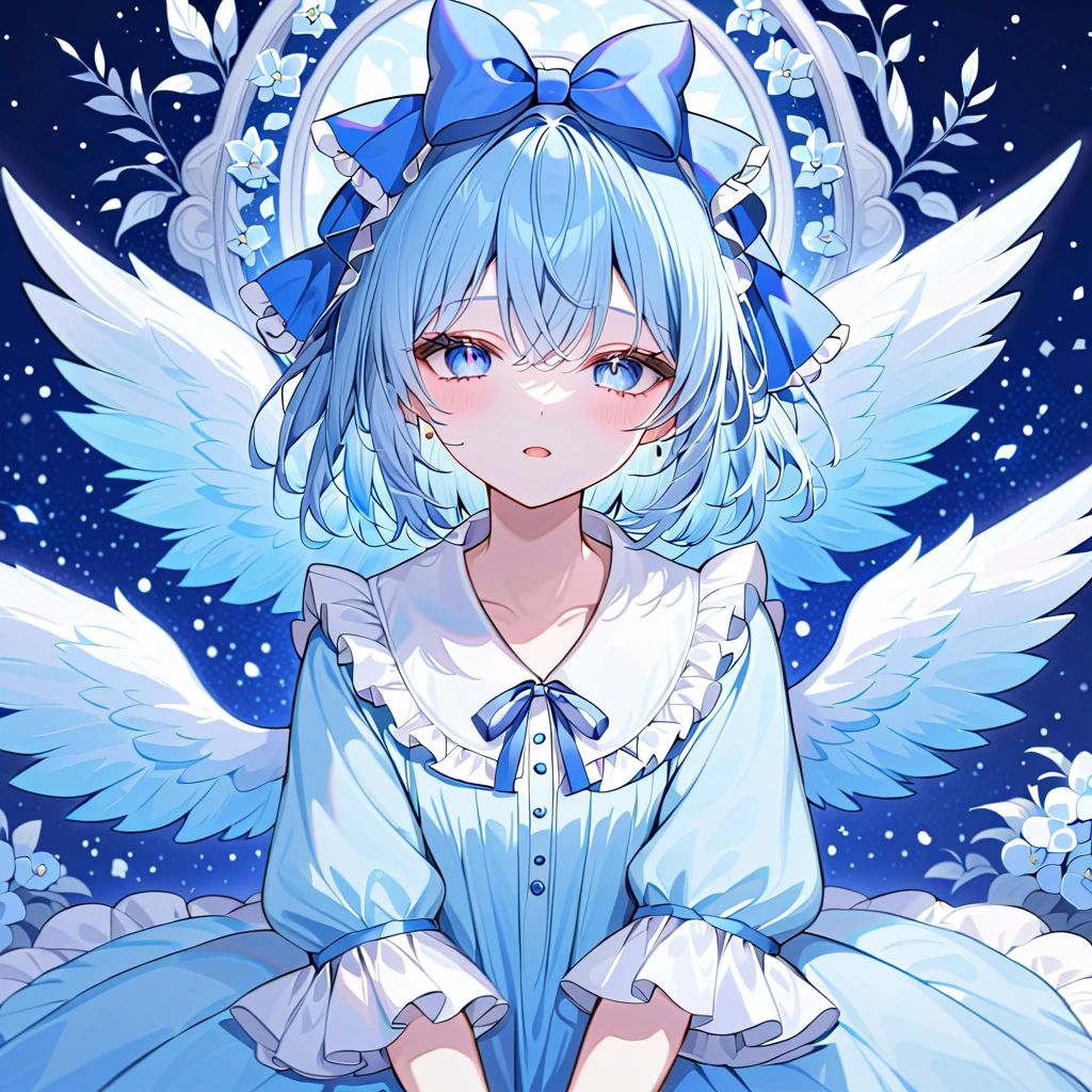 1 girl, Unexpected beauty, memorable masterpieces, cirno, light blue hair, short hair, blue eyes, blue hair bow, bow frill, ice wings, light blue boa pajamas, hem frill, barefoot, sleeping, lying, closed eyes, open mouth, bed, pillow, futon, night, masterpiece, best quality, detailed, highly detailed, ultra detailed, high resolution, 8K, super detailed skin, (detailed beautiful eyes, detailed beautiful face, detailed beautiful face and eyes), very detailed background, highly detailed background, (elaborately designed clothes), 