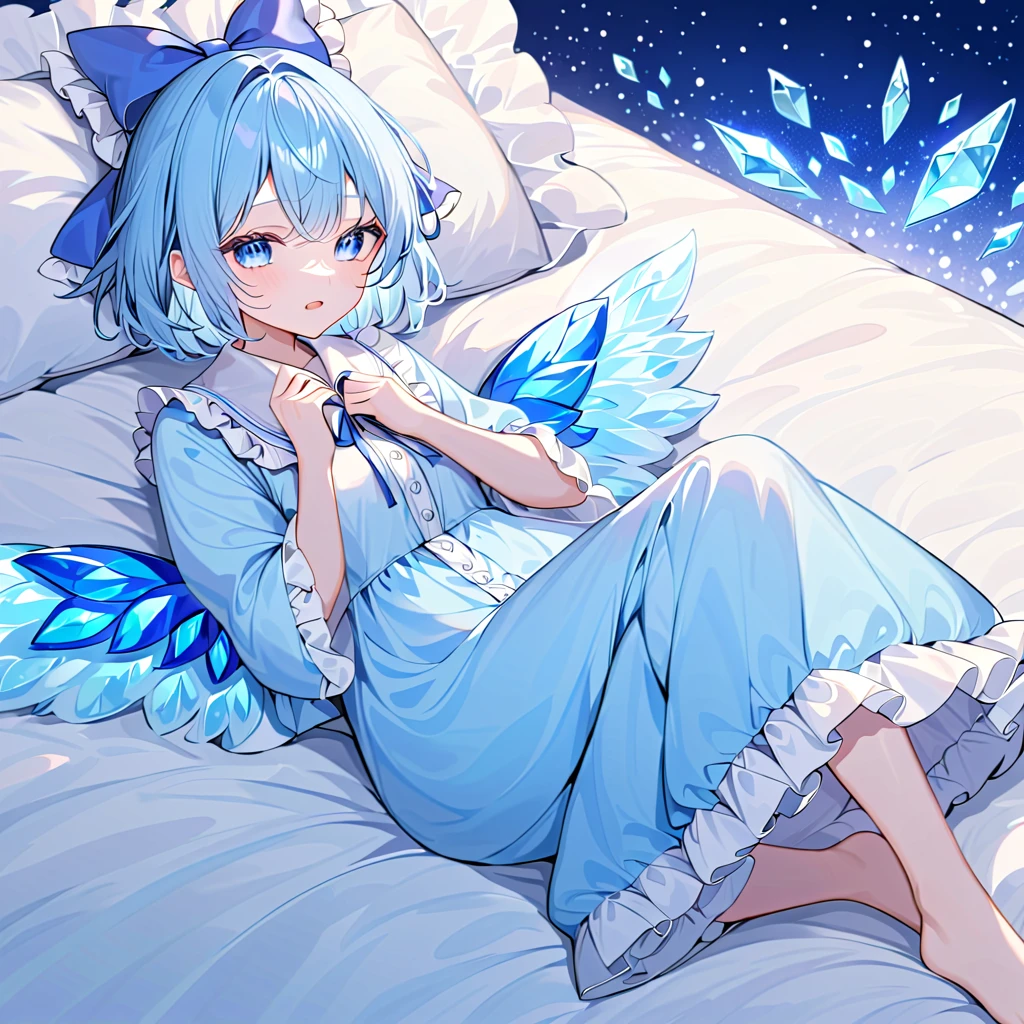 1 girl, Unexpected beauty, memorable masterpieces, cirno, light blue hair, short hair, blue eyes, blue hair bow, bow frill, ice wings, light blue boa pajamas, hem frill, barefoot, sleeping, lying, closed eyes, open mouth, bed, pillow, futon, night, masterpiece, best quality, detailed, highly detailed, ultra detailed, high resolution, 8K, super detailed skin, (detailed beautiful eyes, detailed beautiful face, detailed beautiful face and eyes), very detailed background, highly detailed background, (elaborately designed clothes), 