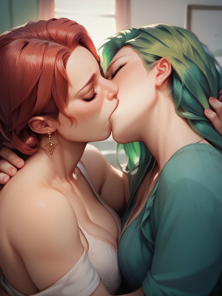 women kissing, kissed, kiss, green hair , red hair