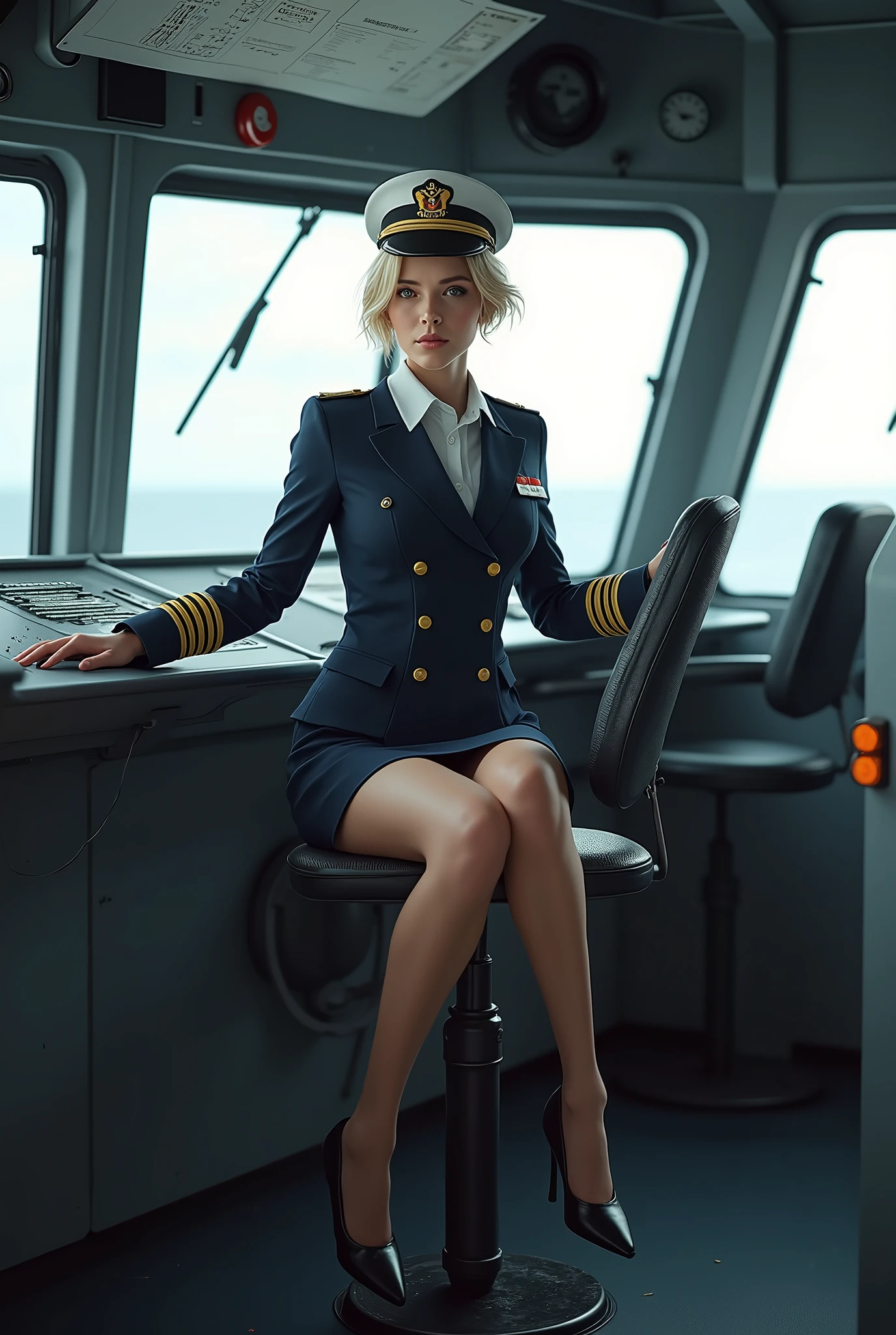 Arafed woman in uniform sitting on a chair in a boat - SeaArt AI