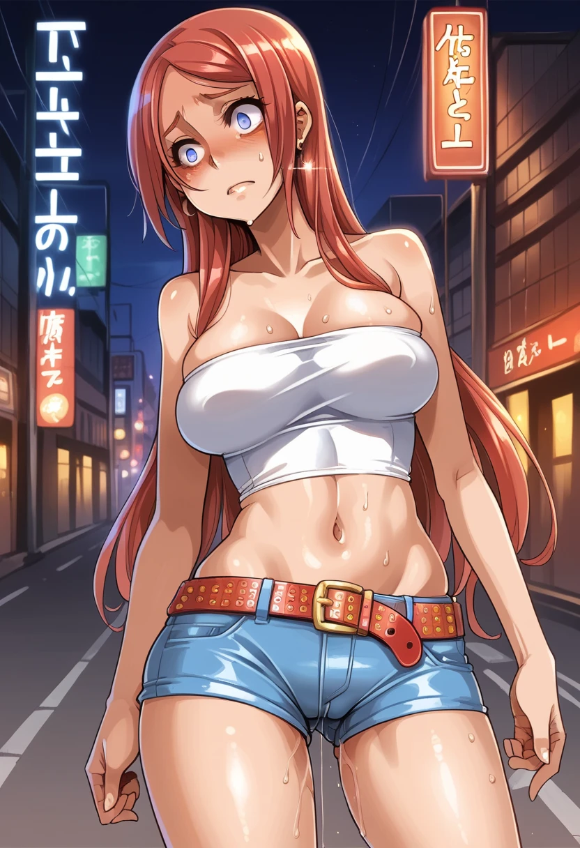 score_9, score_8_up, score_7_up, score_6_up, anime, 
ShindoL_style, 1girl, takumi tsf, long hair, parted bangs, skindentation, (Soft Lighting), nervous, sweat, pussy juice, red hair, big breasts, (hourglass figure), long hair, slut, (nighttime), red light district, street, (outdoors), earrings, cameltoe, (white tube top), (tight black cutoff shorts), lovehogai, neon lights,  view from front, street hooker outfit, belt, fishnet,