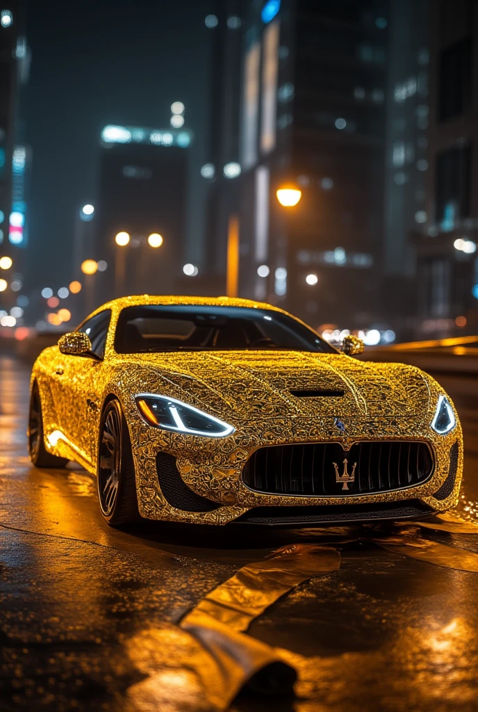 ((masterpiece)) ((photography)) ((Highest quality))  A detailed and artistic illustration of a sleek Maserati car completely wrapped in layers of glowing patterned toilet paper. The toilet paper features luminous designs in vibrant shades of gold and silver, creating a whimsical yet luxurious appearance. Rolls of toilet paper are scattered around the car on the ground, adding a humorous and surreal touch to the scene. The background is a modern cityscape at night, with glowing streetlights and a subtle mist that enhances the reflective glow of the paper. The overall style is a playful mix of elegance and absurdity, blending realism with a touch of fantasy.