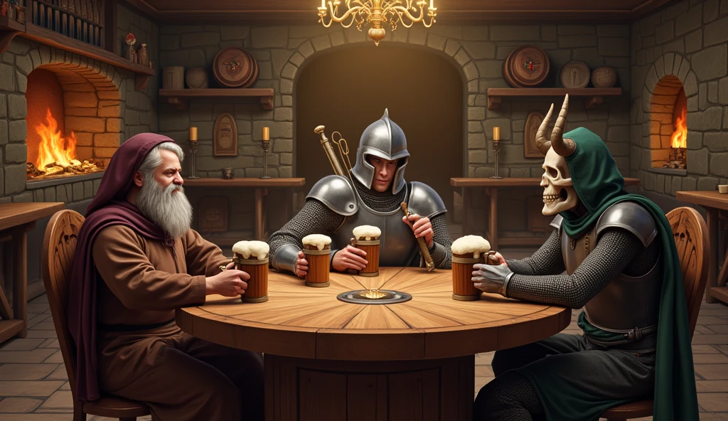 several unique characters visit a bar in full medieval fantasy adventuring gear, there is a sleight height difference among the group.  || a anime promiscuous short haired girl in legguards || a volopeous witch || a stocky paladin || a hooded mysterious ranger