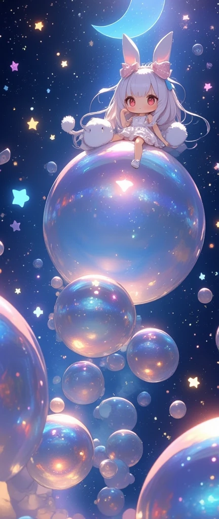 solo, sitting on bubble\(huge,gigantic, elasticity,soft,beautiful,shining in vivid cosmic color,deflecting under the weight,floating high, stary sky\) 1girl\(chibi,cute,kawaii,white hair,long hair,bangs,ear\(fluffy white bunny-ear\),red eye,big eye,beautiful shiny eye,skin color white,big hairbow,white frilled dress,breast,white rabbit tail at coccyx,\). .background\(at very high night sky,stars, big blue calescent-moon\). long shot. view looking up from ground