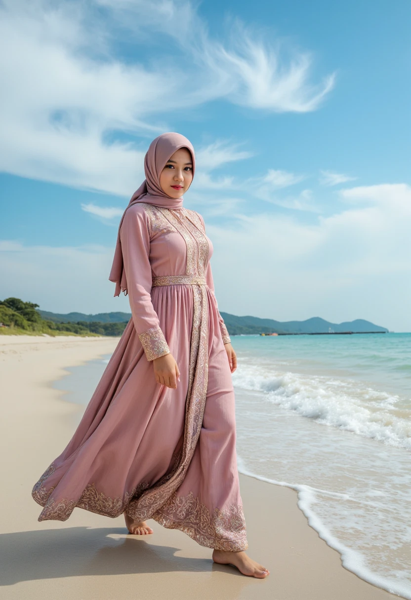  a beautiful indonesian woman, wearing hijab and muslim dress. walking on the beach water, white cloud and blue sky. Realistic skin details, intricate fabric details, beautiful face, ferfect face composition, Look at the viewer.