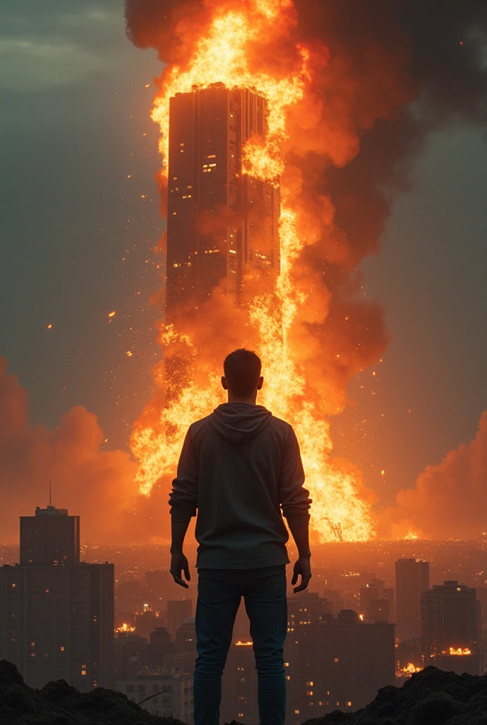 arafed man standing on a rock with his arms outstretched in the air,in backroud a city where  all  start to burn and fire,all buildings in the city destroy by burn ,profile picture 1024px
