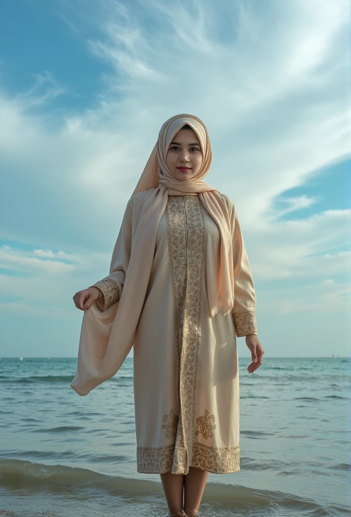 a beautiful indonesian woman, wearing hijab and muslim dress. walking on the beach water, white cloud and blue sky. Realistic skin details, intricate fabric details, beautiful hazel eyes, beautiful face, ferfect face composition, Look at the viewer.