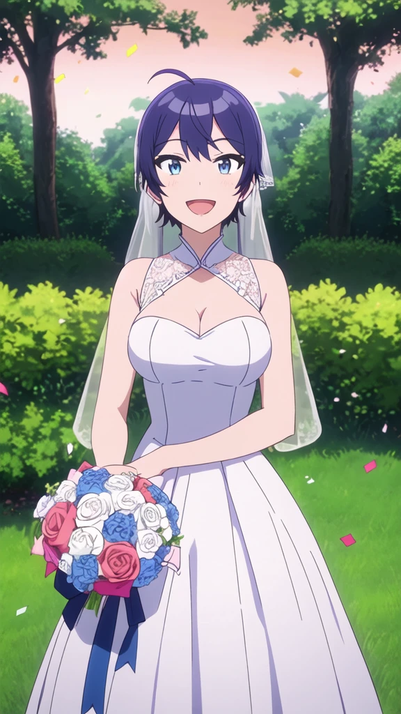 masterpiece, high quality, 8k, beautiful lighting, 1girl, solo, akane, bush, looking at viewer, wedding, sexy wedding dress, wedding ceremony, medium breasts, short hair