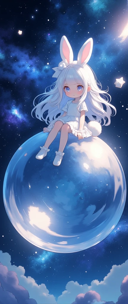 
solo, sitting on bubble\(huge,gigantic, elasticity,soft,beautiful,shining in vivid cosmic color,deflecting under the weight,floating high,transparent,aat stary sky\) 1girl\(chibi,cute,kawaii,white hair,long hair,bangs,ear\(fluffy white bunny-ear\),red eye,big eye,beautiful shiny eye,skin color white,big hairbow,white frilled dress,breast,white rabbit tail at coccyx,\). .background\(at very high night sky,stars, big blue calescent-moon\). long shot. view looking up from ground