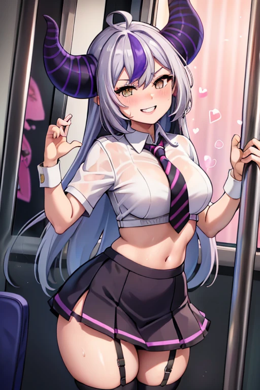 ((   best quality)), ((masterpiece)), (  super detailed),  School,uniform,date,tie, Female 1 person ,  standing, smartphone ,  Knee Socks  ,smile,smile,((Hearts in your eyes)),  white shirt, short,sweat,Bra,String Panties,uniform,((Provoke)),( tight skirt on the express train),(((((lover))))),1 male,